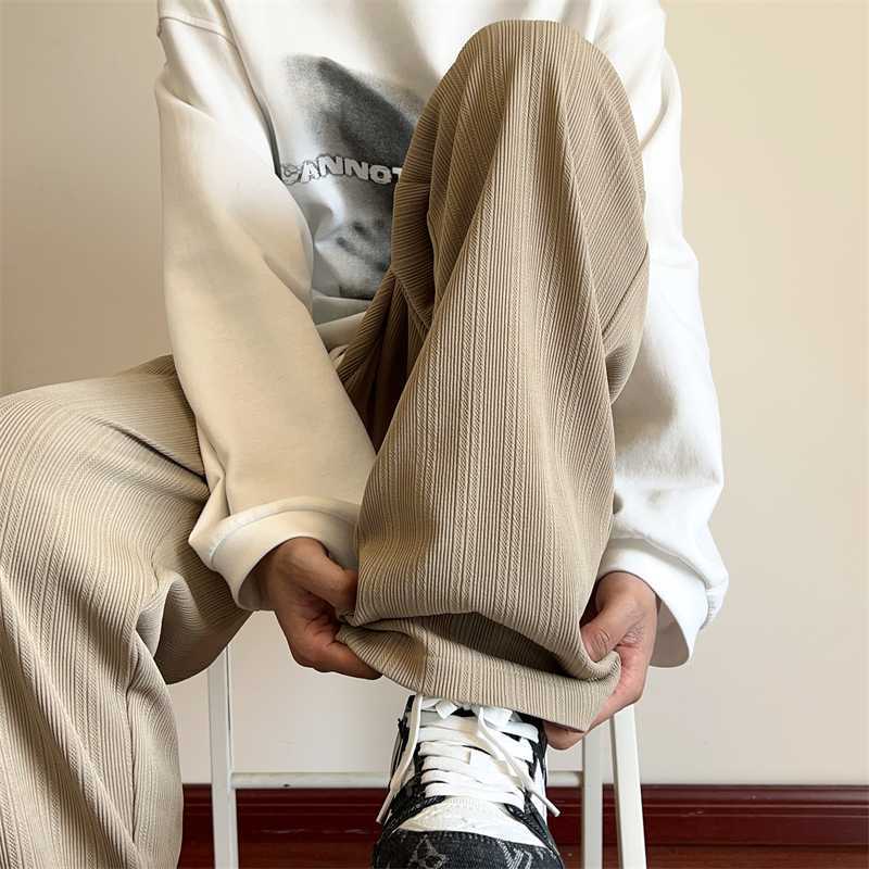 High-quality ice silk pants, men's trend, summer thin, versatile, drape, straight, wide-leg, casual trousers, off-white pants