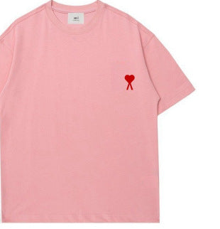 AMI &EANM2025 Hot Selling T-Shirt Men's Heart Embroidery Loose Dropped Sleeves Summer Fashion Short Sleeve Top
