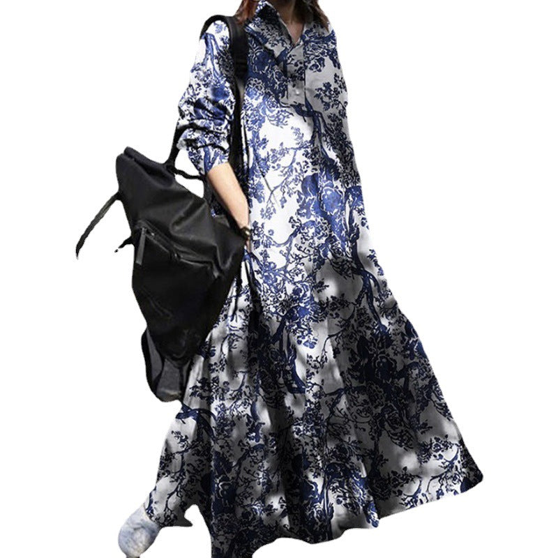 Large size women's Amazon autumn print cotton linen dress vintage ethnic style dress loose long sleeve swing skirt