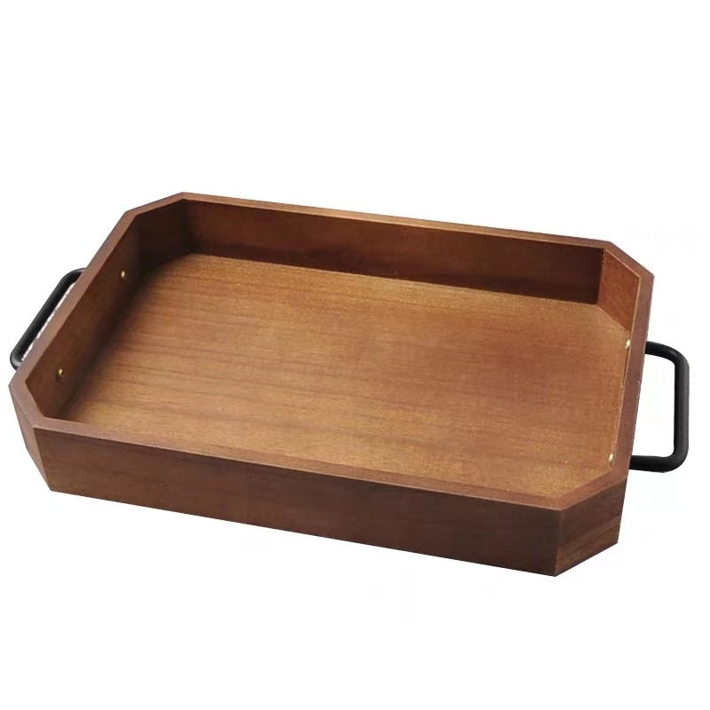 Vintage Rectangular Solid Wood Tray Iron Handle Home Afternoon Tea Snack Plate Coffee Plate Bread Fruit Display Plate