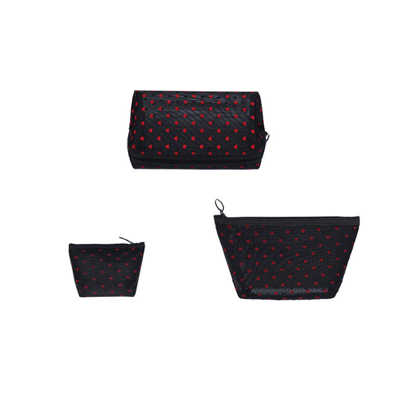 ins Japanese Korean girl heart flocking love mesh cosmetic bag transparent travel storage bag portable lipstick bag wholesale