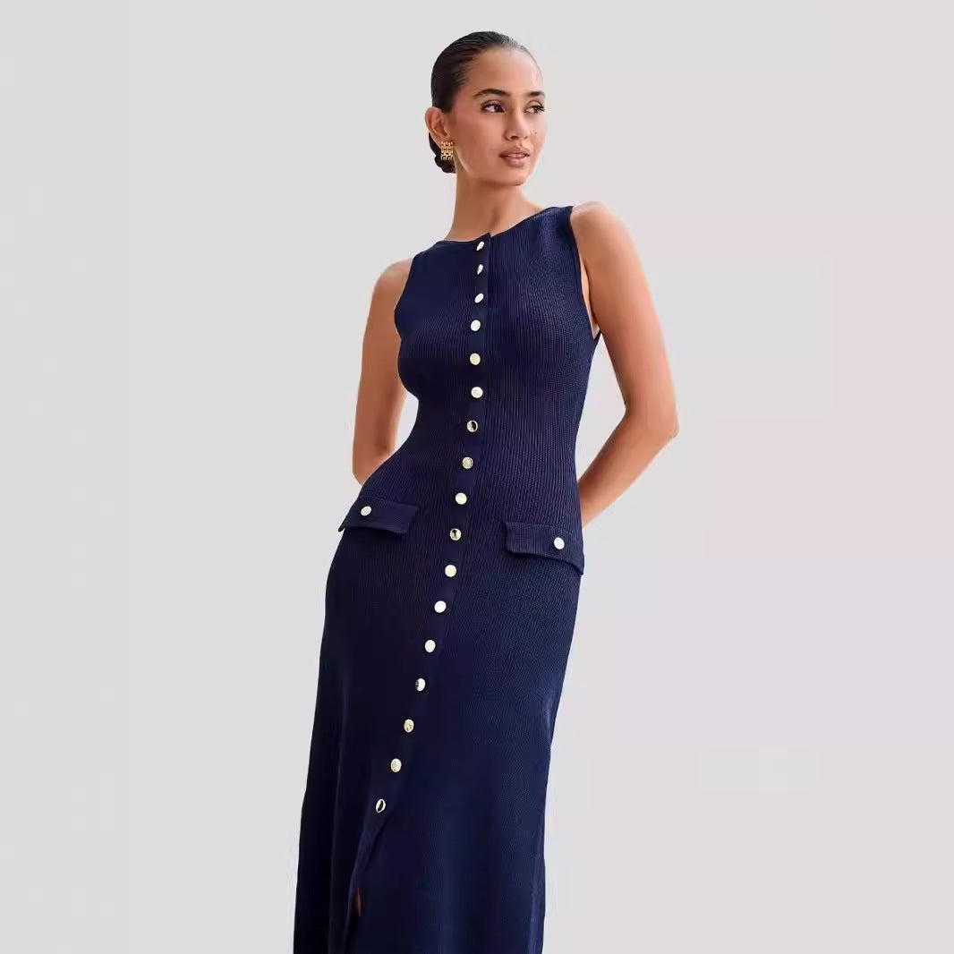 2024 summer new European and American style temperament sleeveless round neck slim knit dress