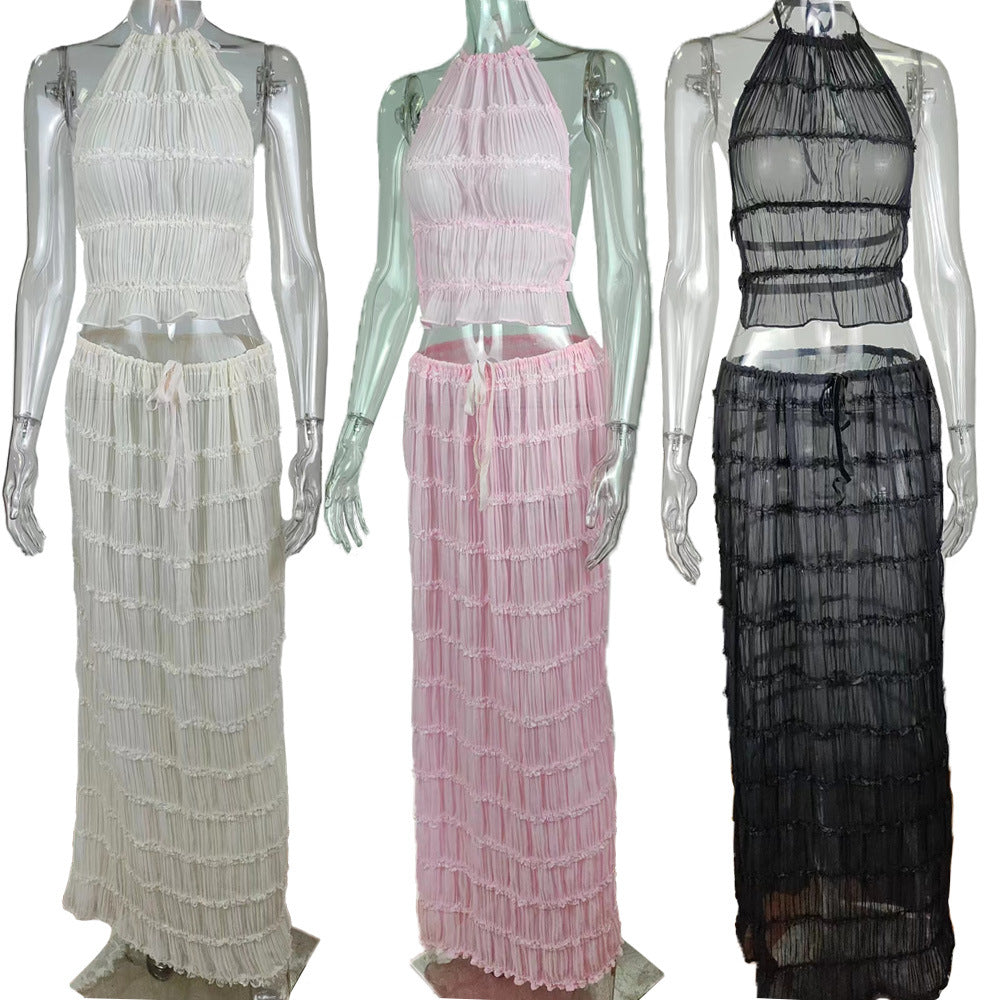 Cross border 2024 summer foreign trade sexy backless halterneck tie pleated lace vest resort style maxi skirt set
