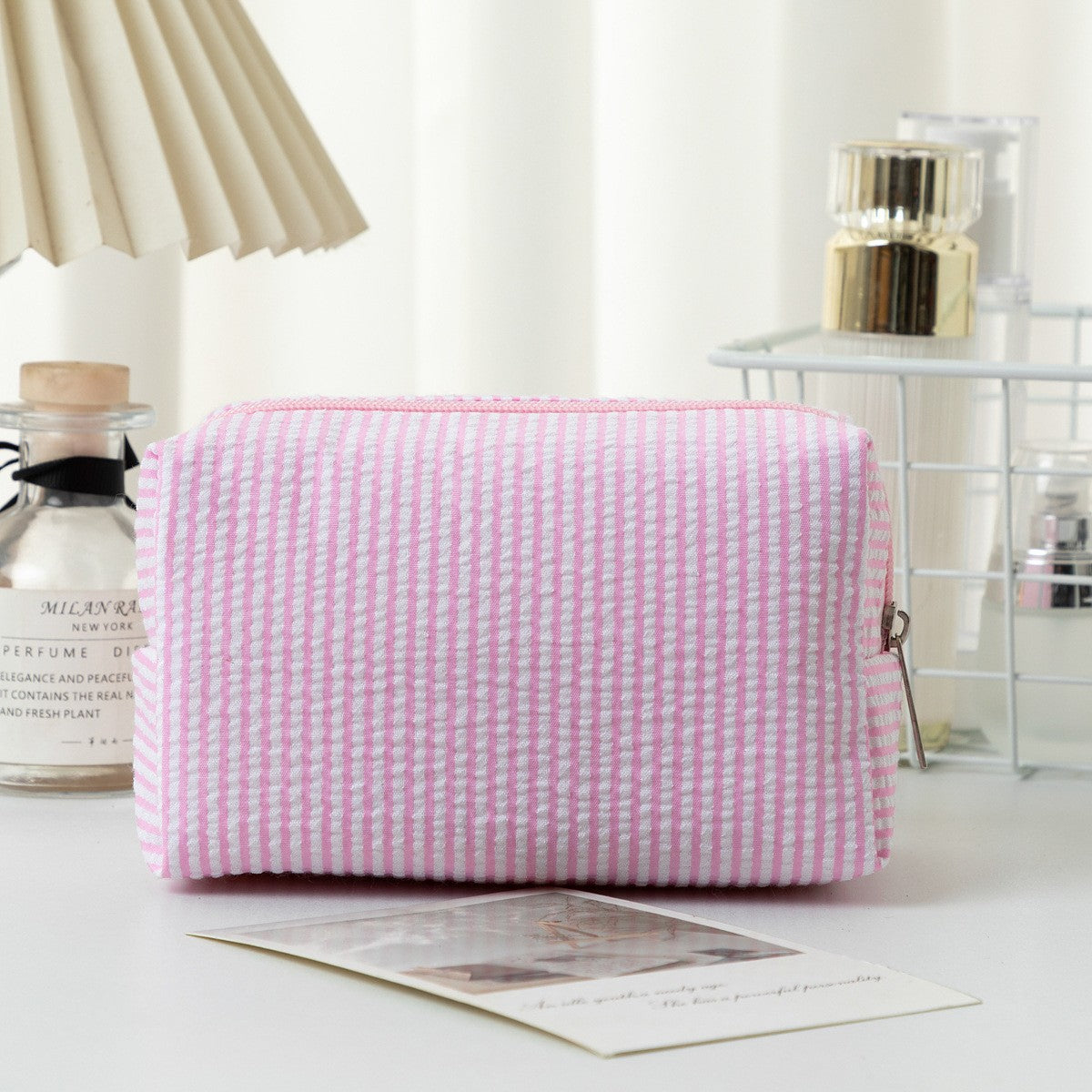 Cross-border hot selling seersucker cosmetic bag hand holding large capacity toiletry bag embroidered stripe travel cosmetics storage bag