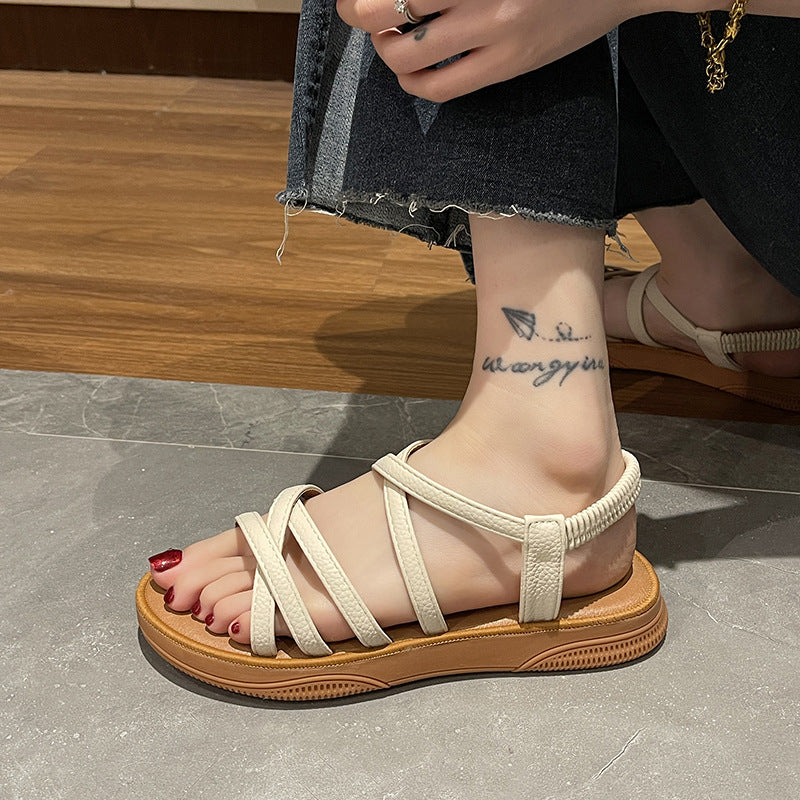 Upgraded new roman sandals women's flat elastic band soft soled summer sandals women's crossover strap wear sandals