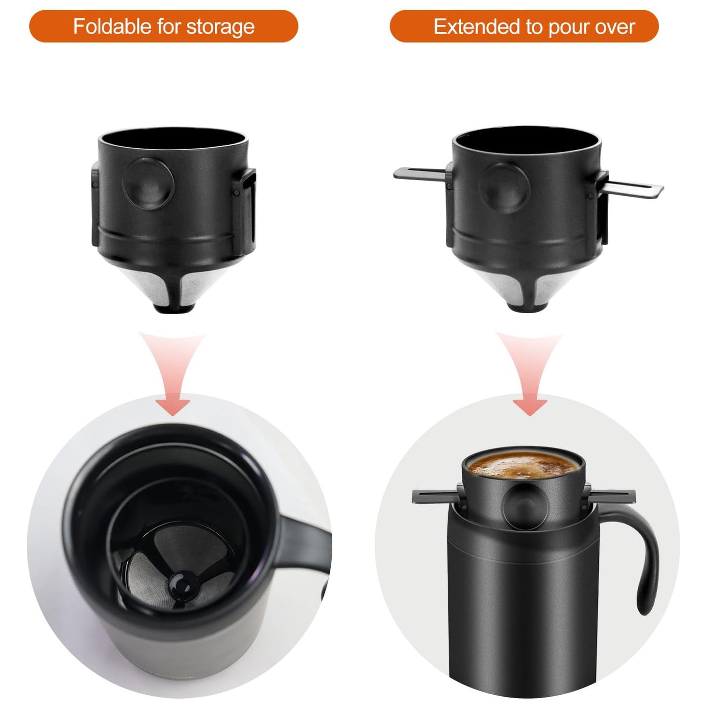 Stainless steel outdoor pour-over coffee mug insulated coffee mug portable folding drip coffee brewing filter set