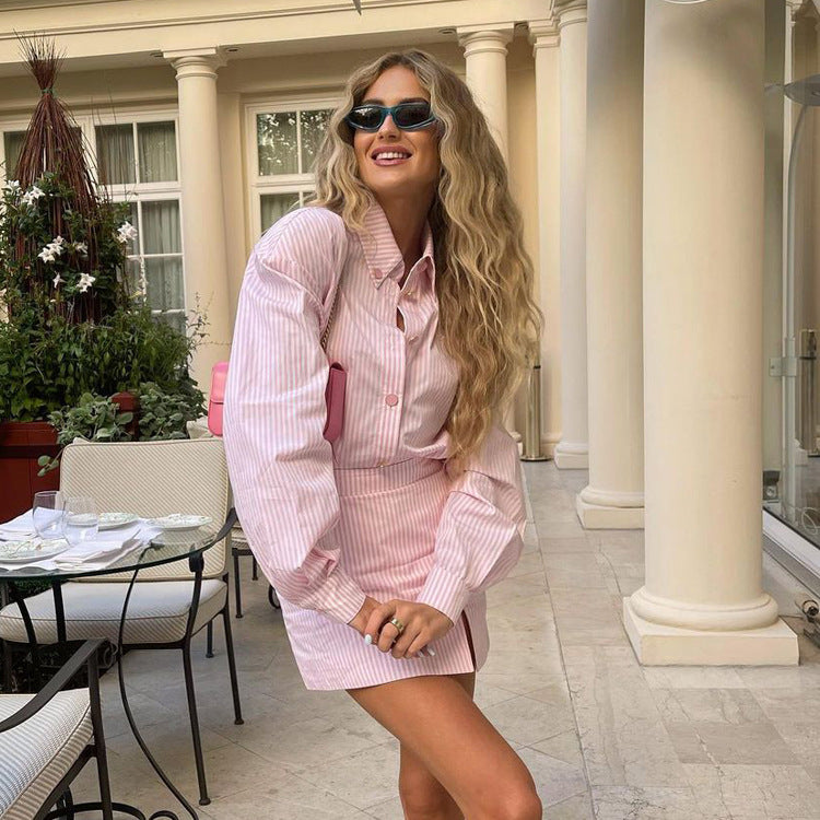 2025 Foreign Trade Women's Clothing New Commuter Colel Long Sleeve Striped Shirt Hip Skirt Fashion Office Suit