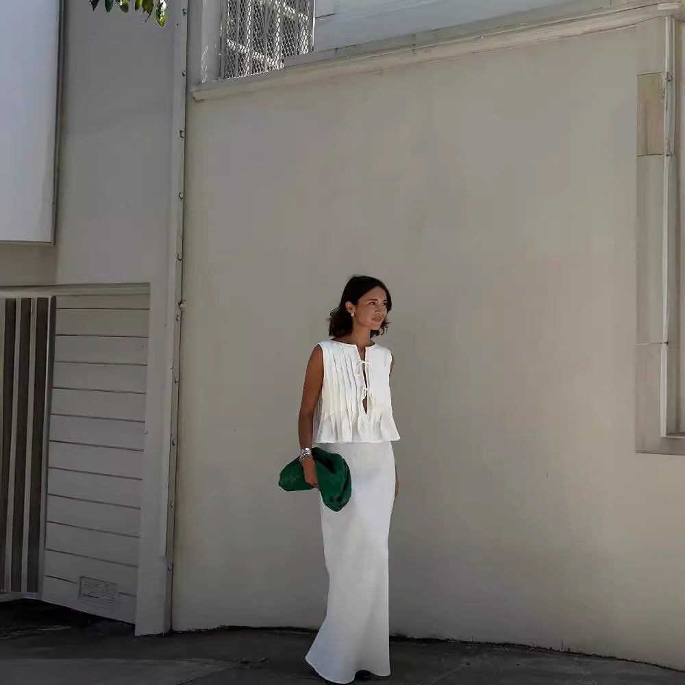 6-color full yard spot European and American cross-border explosive breathable cotton and linen pressed pleated sleeveless strappy blouse high street long skirt