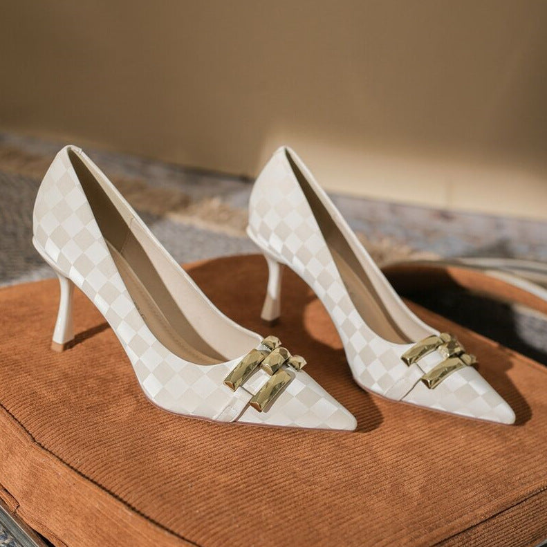 French High Heels Women's Spring and Autumn 2023 New Metal Chain Niche Versatile Pumps Thin Heel Pointed Toe Single Shoes Women