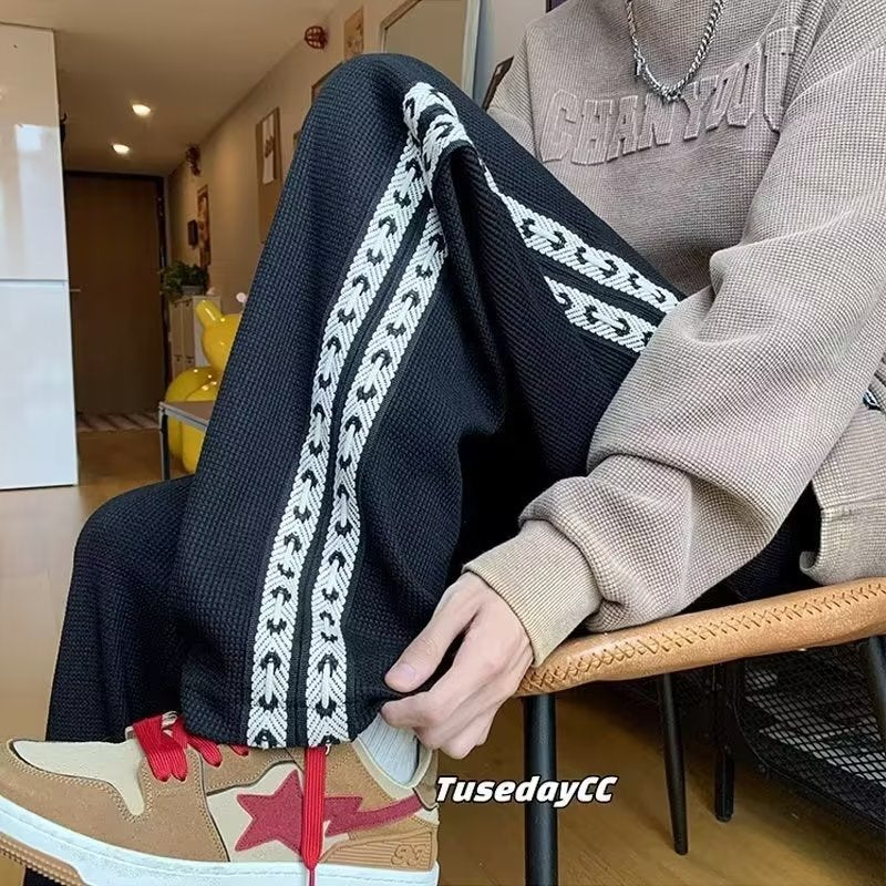 Men's extra large size 300 pounds plus size American high street waffle pants spring and autumn loose straight wide leg casual