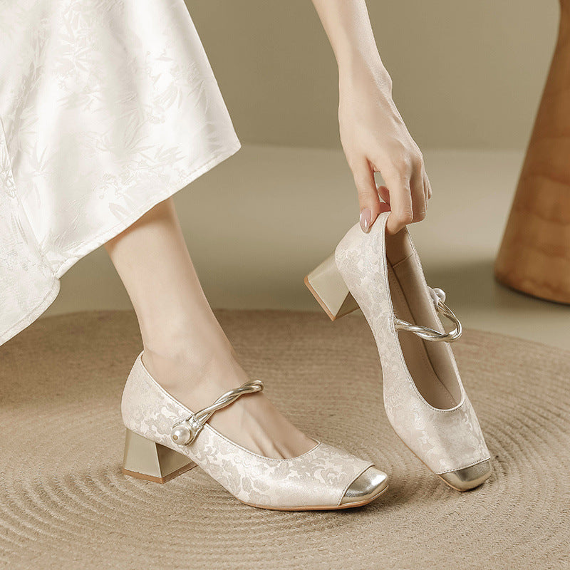 Light national style, new Chinese high-heeled shoes, retro with cheongsam, Mary Jane, square toe, gentle block heels, shallow spring tea
