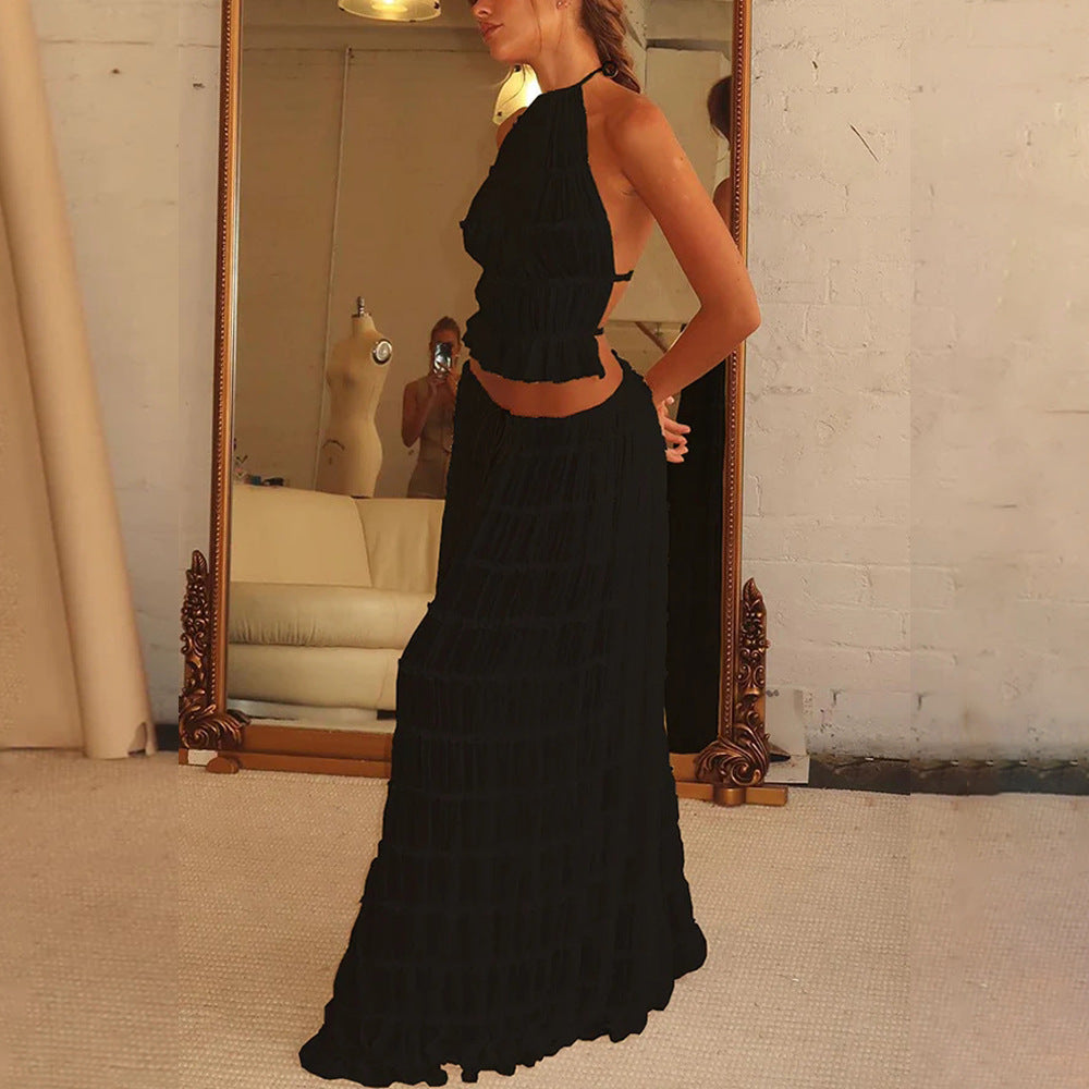 Cross border 2024 summer foreign trade sexy backless halterneck tie pleated lace vest resort style maxi skirt set