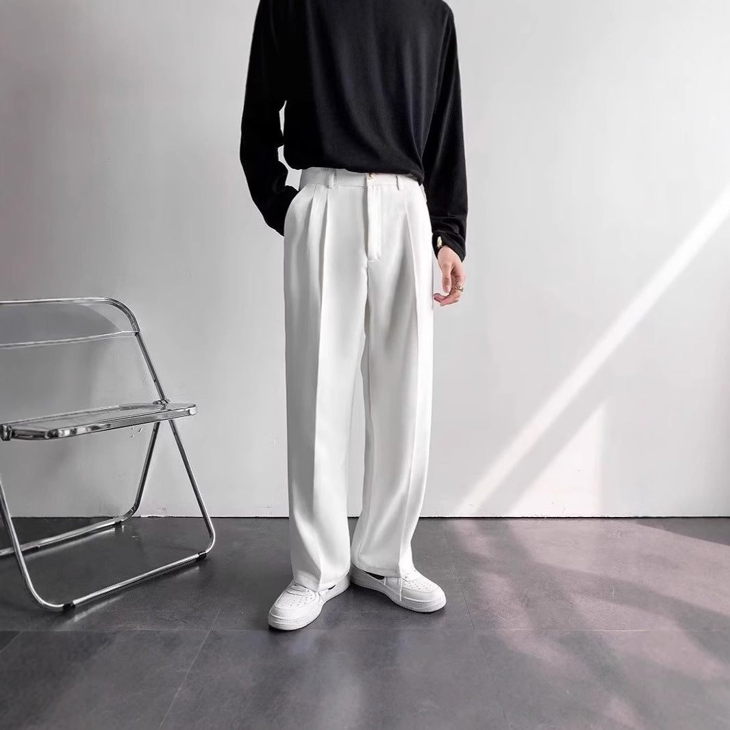 American-style white trousers, men's high-end sense of loose straight-leg mopping trousers, casual and versatile, suit pants, suit pants, trendy