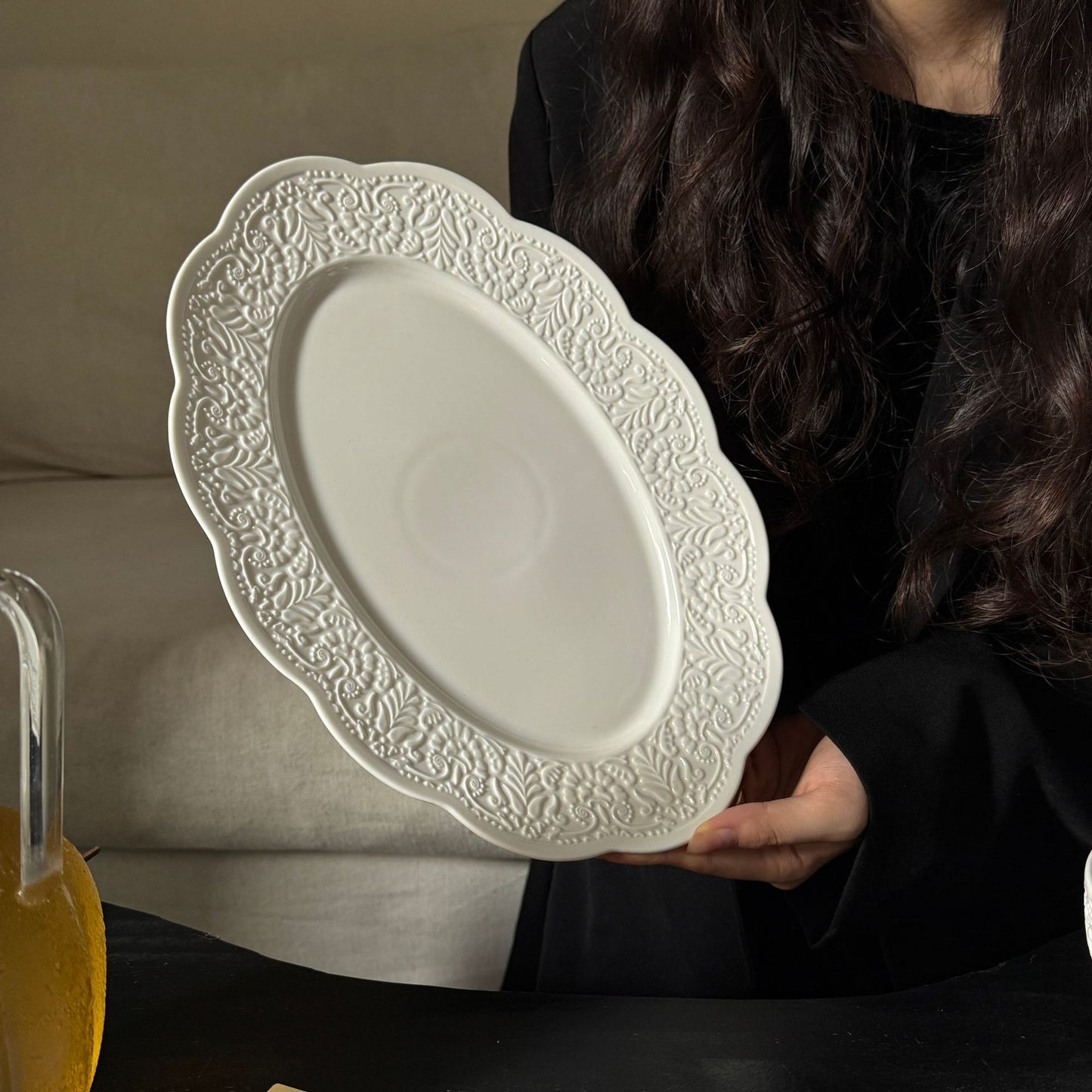 French vintage petal edge embossed ceramic pure white tableware dessert breakfast salad dinner plate coffee cup saucer