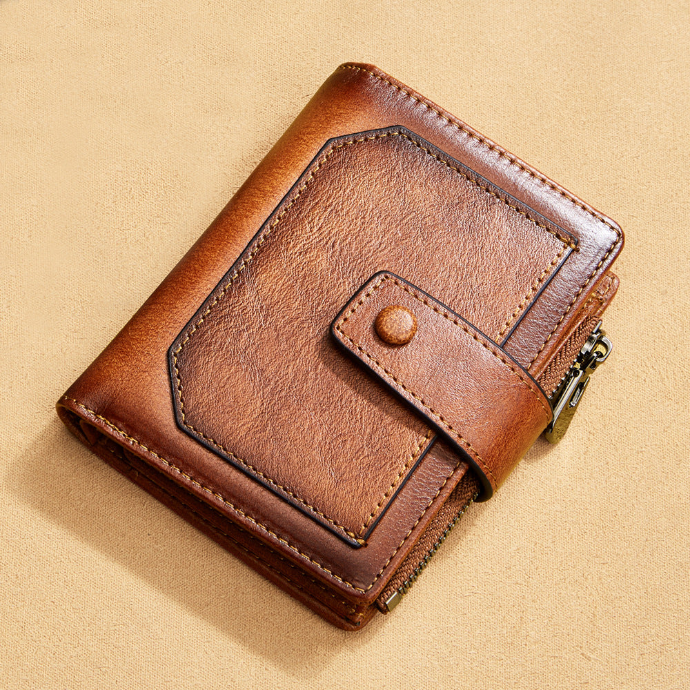 Men's wallet wholesale genuine leather zipper short vintage wallet RFID anti-theft foreign trade cowhide wallet manufacturers processing