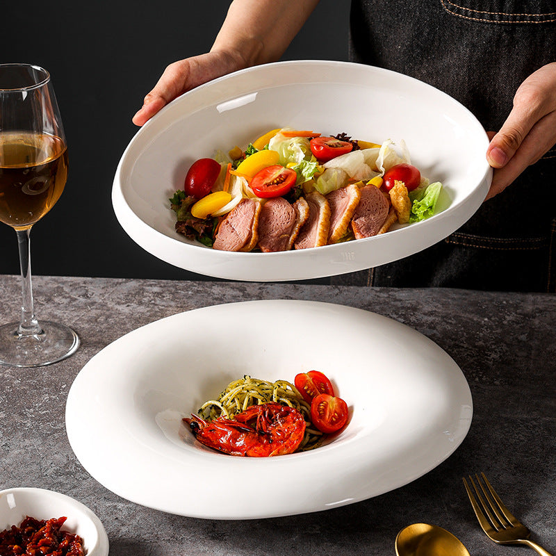 Nordic minimalist style pure white ceramic salad bowl home cold dish western dinner plate hotel business ceramics dessert pasta bowl