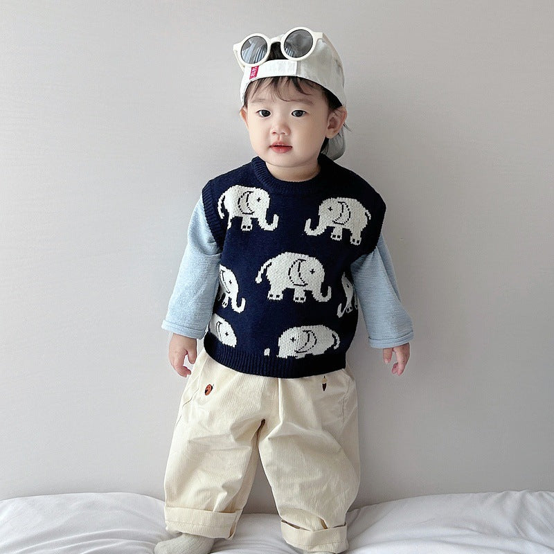 Korean version of the Spring and Autumn vest baby animal sweater boy fashion shoulder girl foreign vest baby knitted top