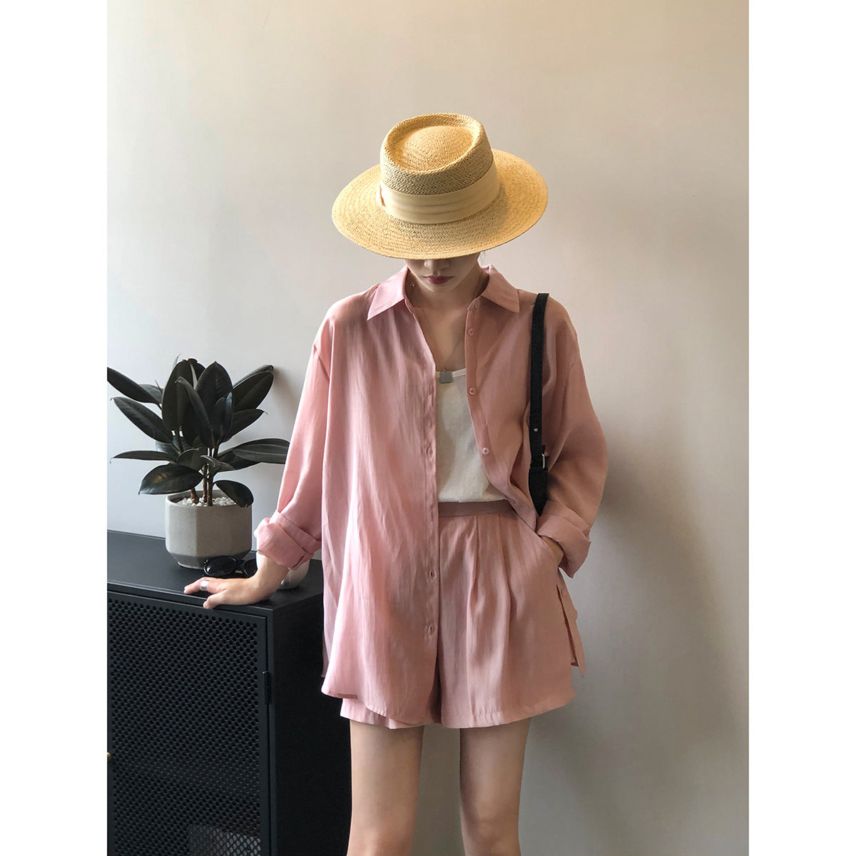 Words double drape breathable sunscreen shirt set women's summer loose thin shirt wide-leg shorts women's 80573
