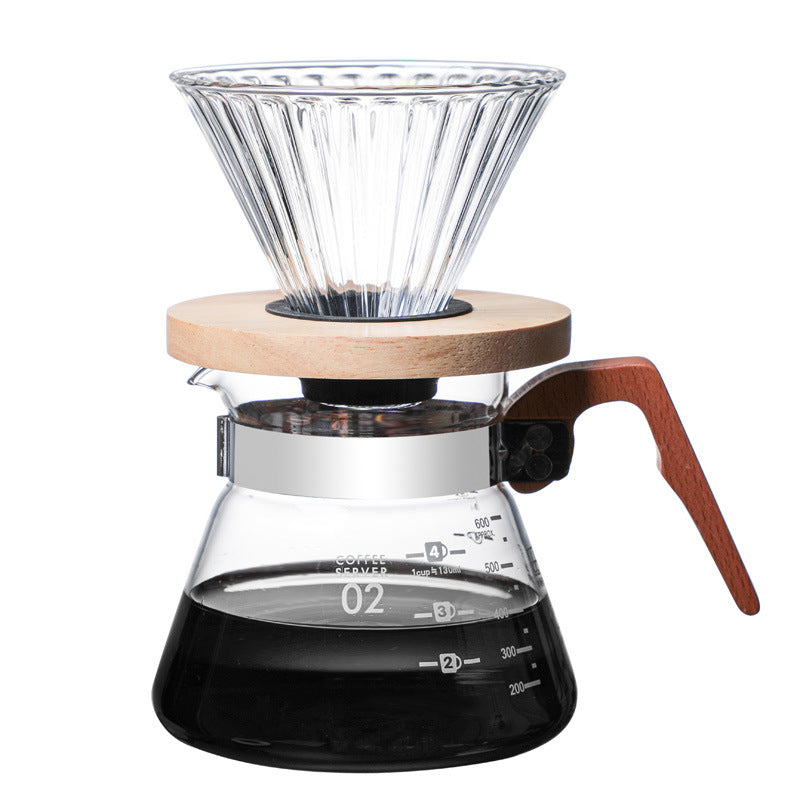 Blowing Thickened Glass Coffee Pot Set Rubber Wood Handle Sharing Pot Coffee Cup Manufacturers Bulk Stock