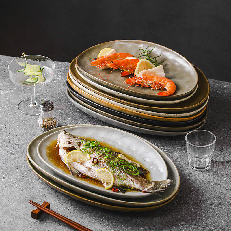 Cross-border Japanese ceramic large oval sashimi plate household fish plate Dan-shaped barbecue plate commercial vegetable plate table tableware