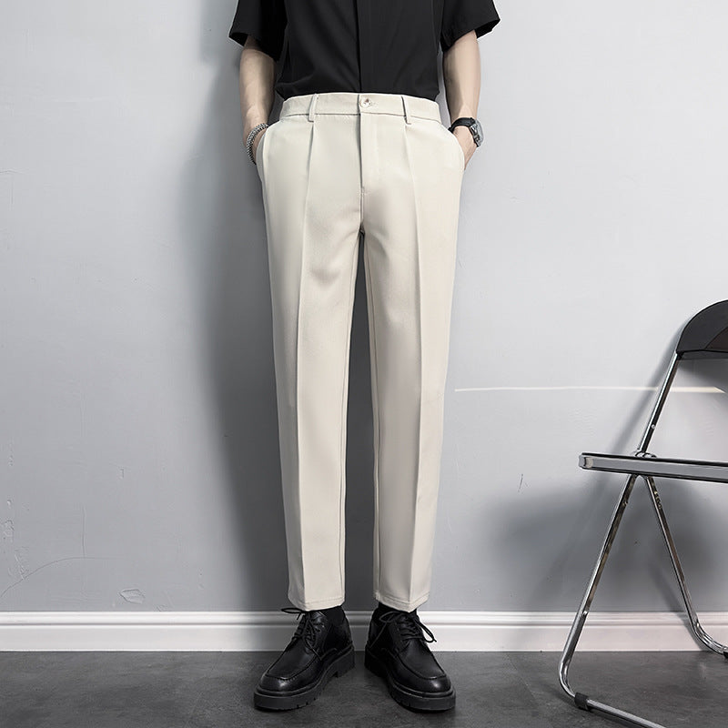 Slim fit, straight, anti-wrinkle suit trousers, men's non-iron, business casual pants, high-end drape, black cropped trousers