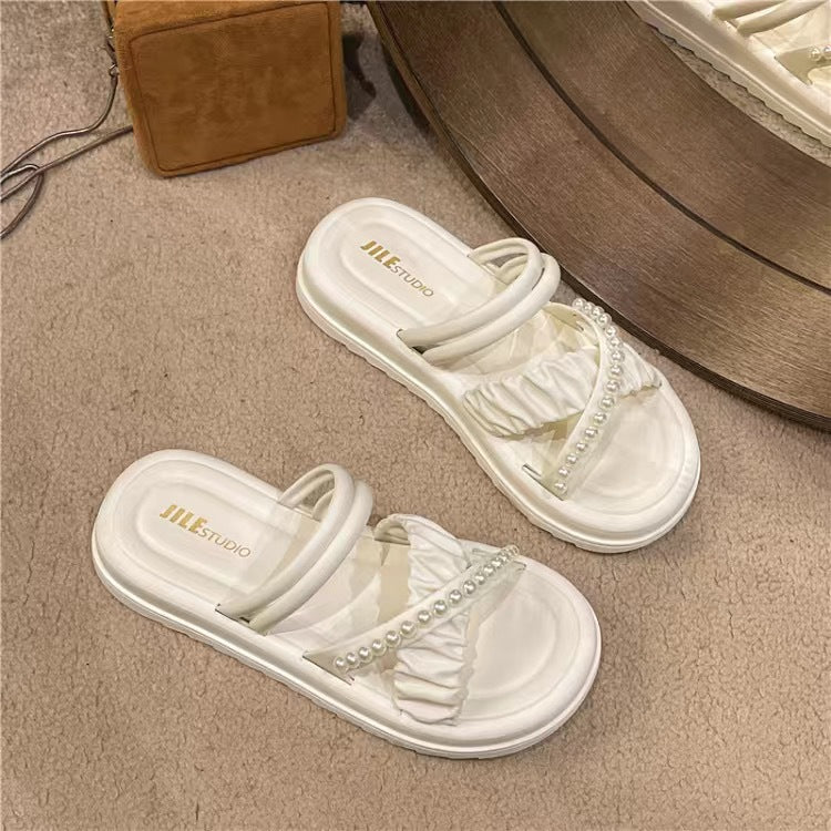 French high-end sandals for women 2025 new wear non-slip platform platform rhinestone pearl versatile slippers for women's summer