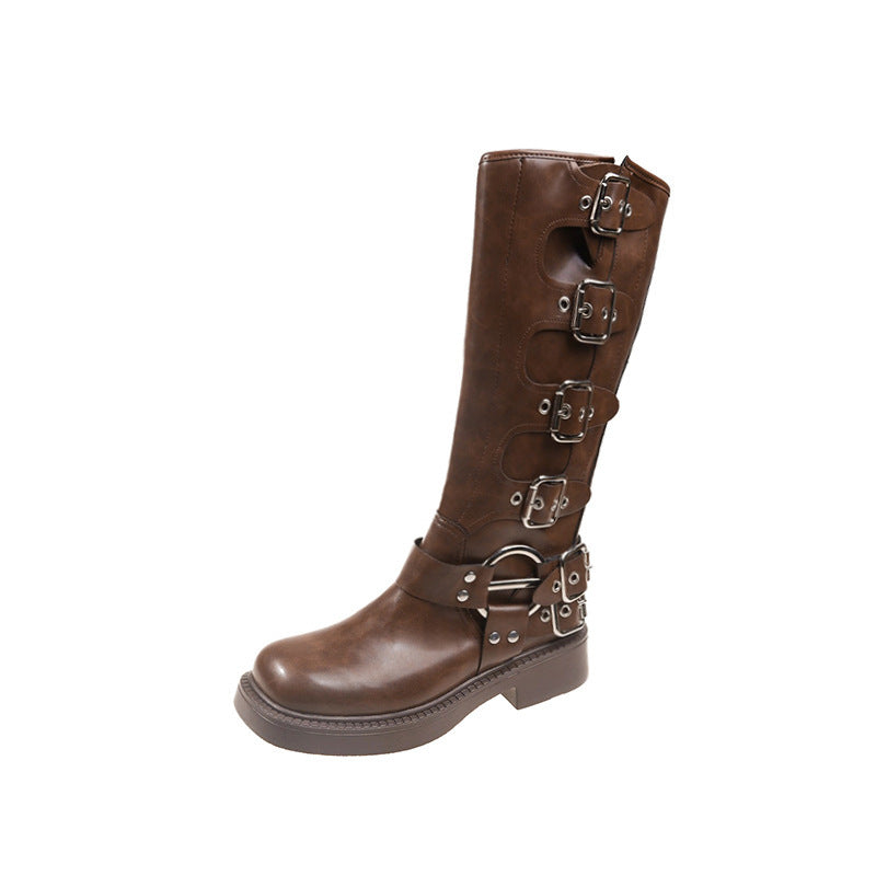 Travel must-wear boots, women's American vintage martin boots, brown high boots, long-cut western cowboy boots, women's boots