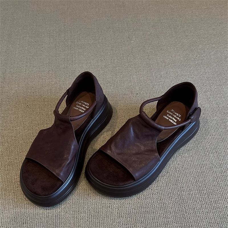 Sheepskin version ~ retro casual platform open toe sandals women's summer new versatile soft sole heightened beach Roman shoes