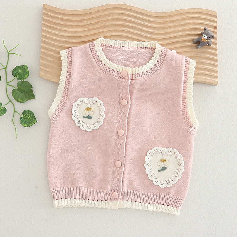 Baby girl knitted vest 2025 spring wear outer wear girls' spring sweater vest baby cardigan shoulder