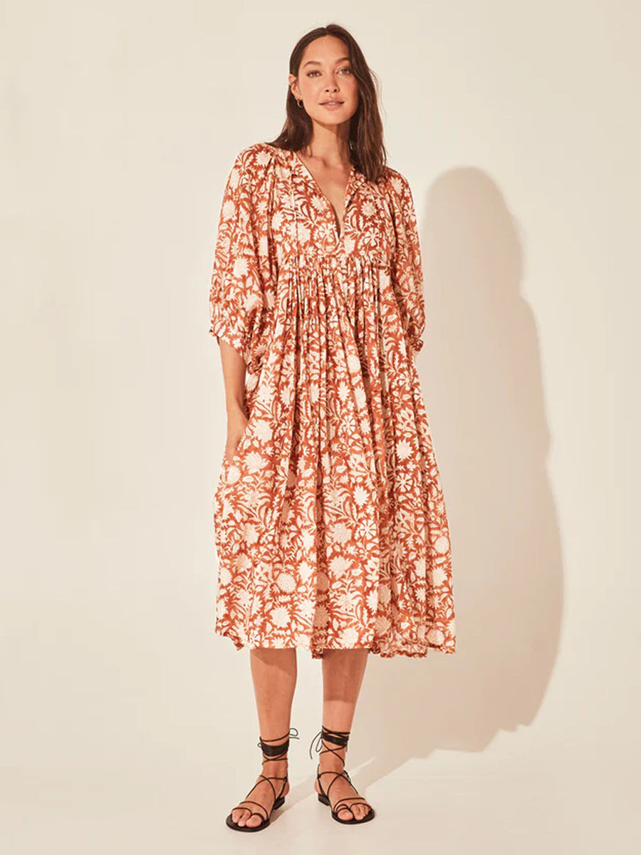 Amazon AliExpress cross-border hot selling personality literary and artistic European and American style people cotton floral fashion printed dress