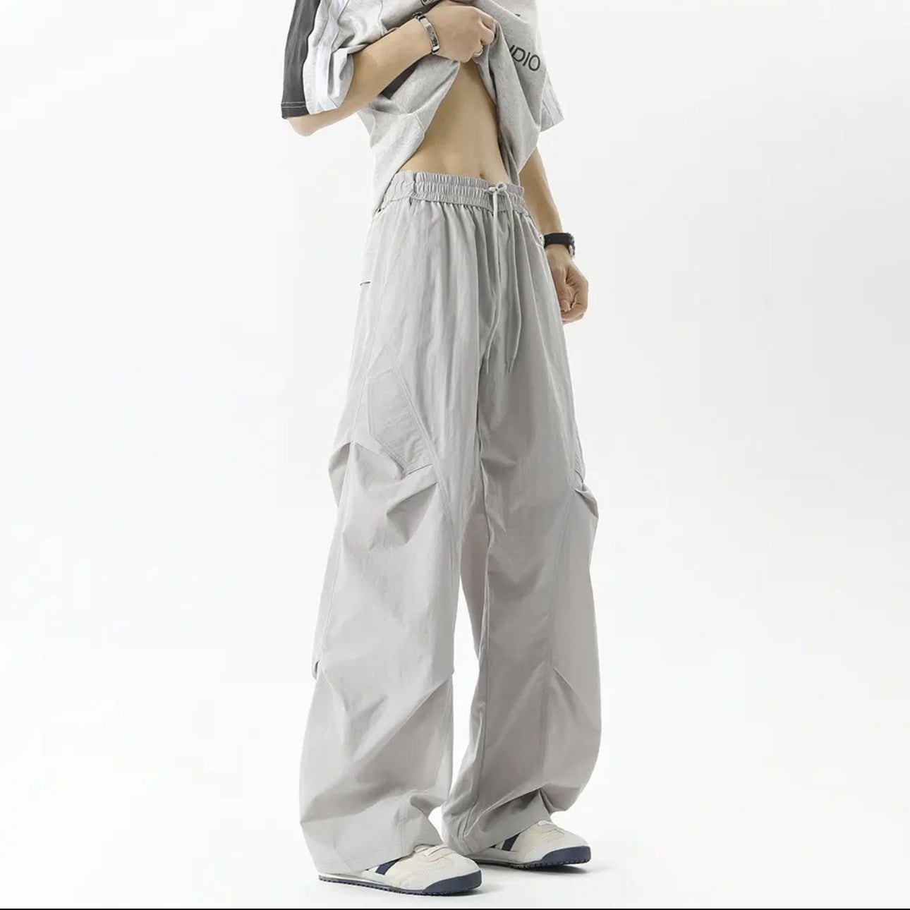 Summer thin casual ice silk cargo pants men's trend design sense is versatile, loose and breathable, American high street trousers