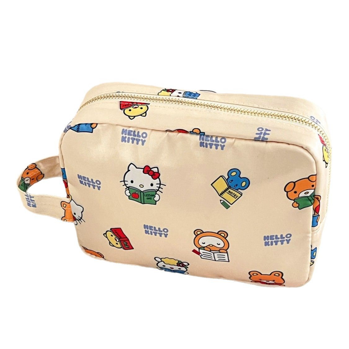 Satin kt cat makeup bag cute cartoon beige print storage bag for travel portable toiletry bag