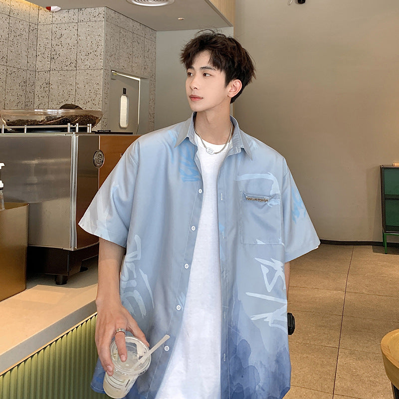 Ice silk cool shirt men's summer fashion brand design sense high-end gradient ink painting versatile couple loose shirt