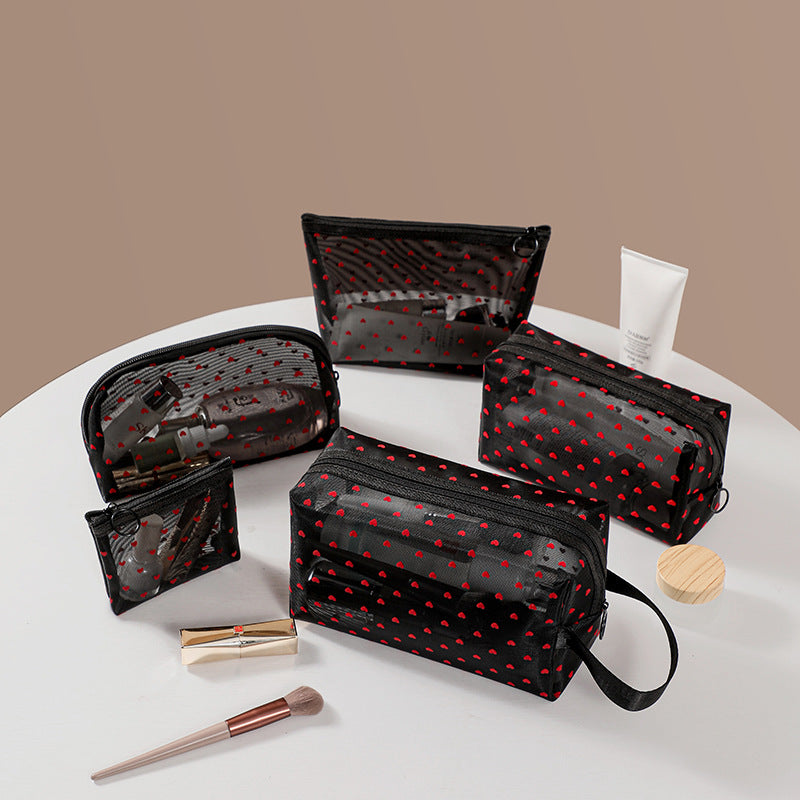 ins Japanese Korean girl heart flocking love mesh cosmetic bag transparent travel storage bag portable lipstick bag wholesale