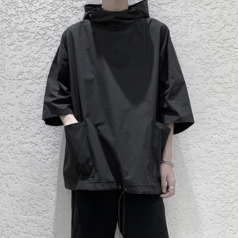 Summer Hooded Short Sleeve T-Shirt Men's Loose Quarter Sleeve Sweatshirt Trendy Trench Coat Type Pullover Medium Sleeve Clothes Summer Dress