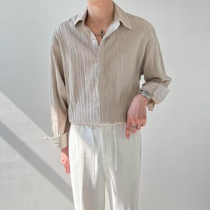 Textured tops Korean version loose casual long-sleeved shirt men's trendy handsome striped non-ironing shirt autumn