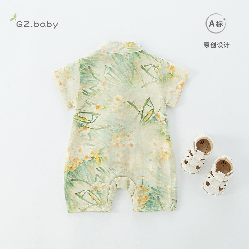 Baby clothes, summer clothes, one-piece clothes, thin clothes, crawling clothes, baby boys, Chinese style, full moon, Hanfu, send Chinese knots