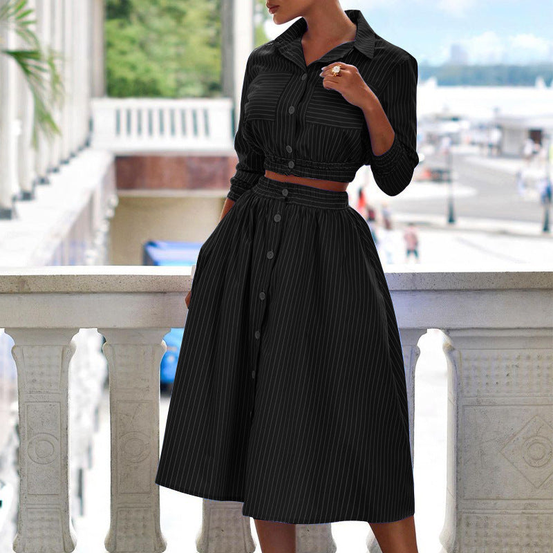 FD496 Spring 2025 Spring New Fashion Temperament Long Sleeved Striped Shirt Set Skirt Two-Piece Set