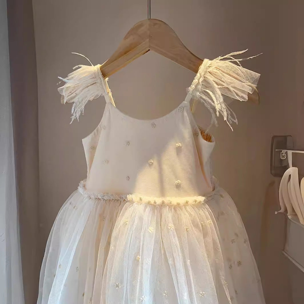 24 girls summer new dress heavy industry feather embroidery mesh skirt high quality dress skirt sundress