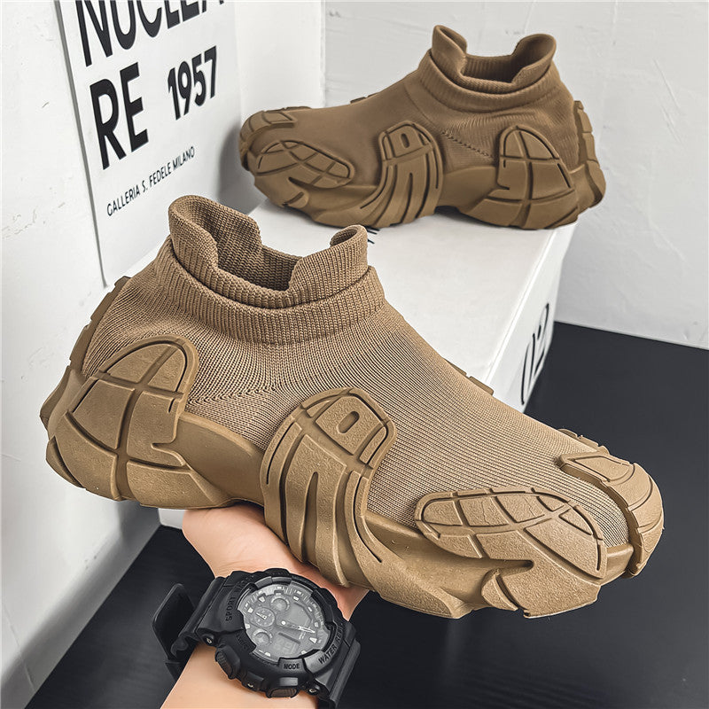Men's Shoes Summer Breathable Thin Mesh Fly Knit Socks Shoes 2024 New Thick-soled One-Foot Shoes Men's Dad Shoes