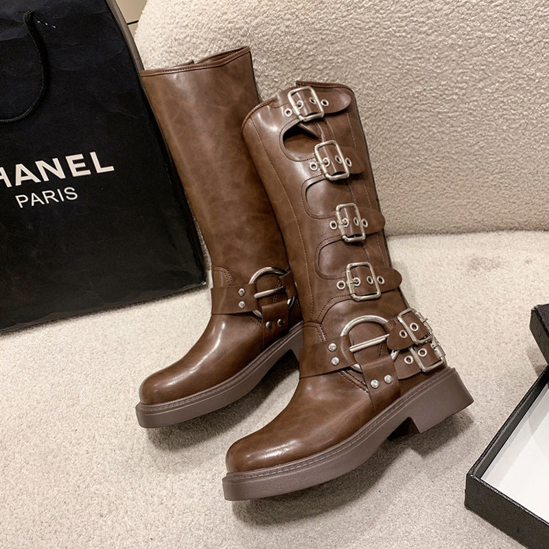 Travel must-wear boots, women's American vintage martin boots, brown high boots, long-cut western cowboy boots, women's boots