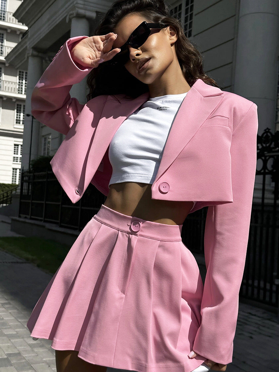 Cross-border suit skirt suit Europe and the United States 2025 spring summer Y2K shoulder lapel small suit + miniskirt suit suit