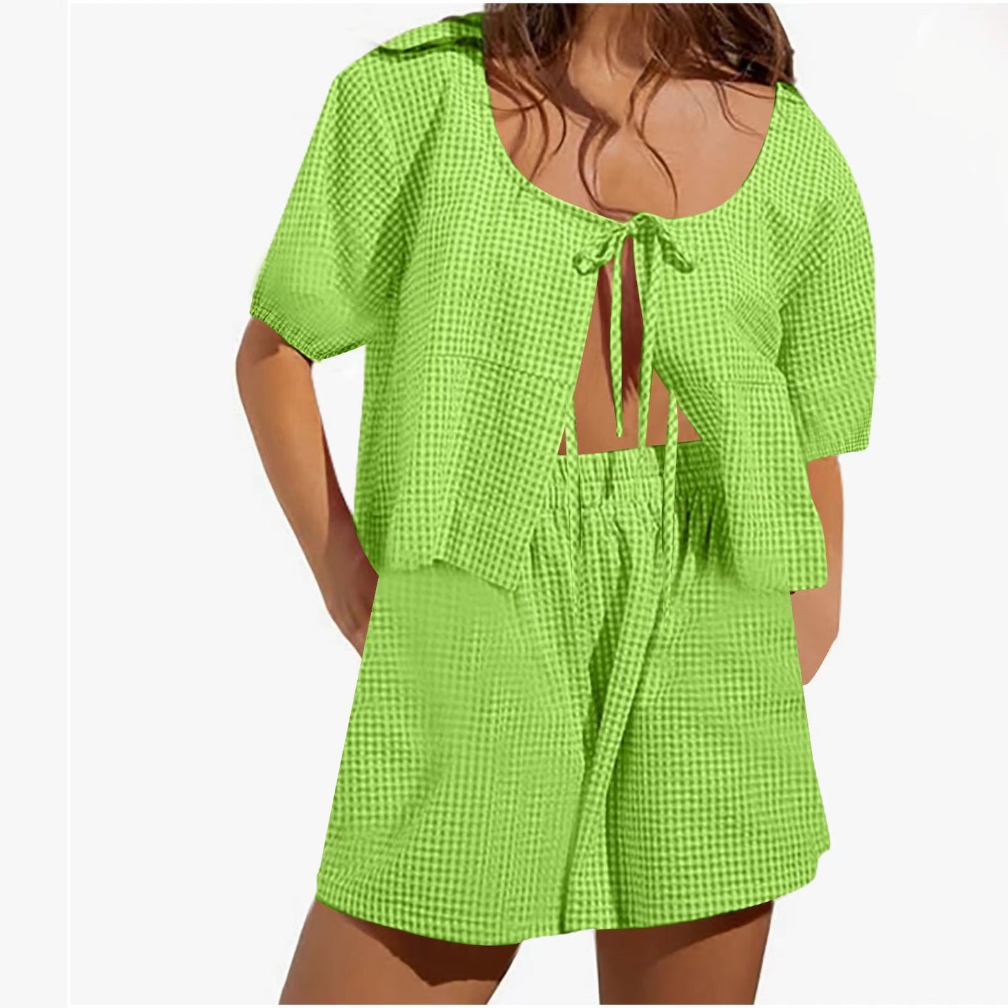 2024 Europe and America Foreign Trade Summer Lace-up Plaid Top Set Casual Loose High Waist Wide Leg Pants Women's Women's Short Sleeve