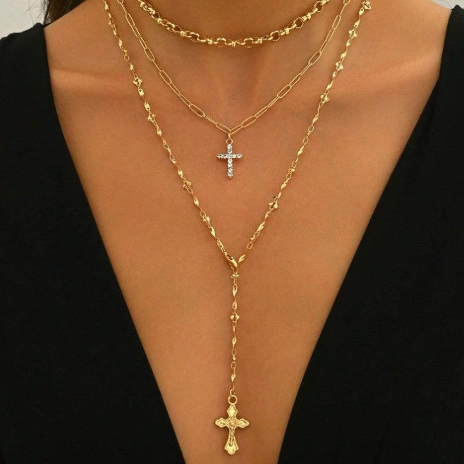 European and American cross-border hip hop ins diamond cross pendant long necklace personality multi-layer clavicle chain female wholesale