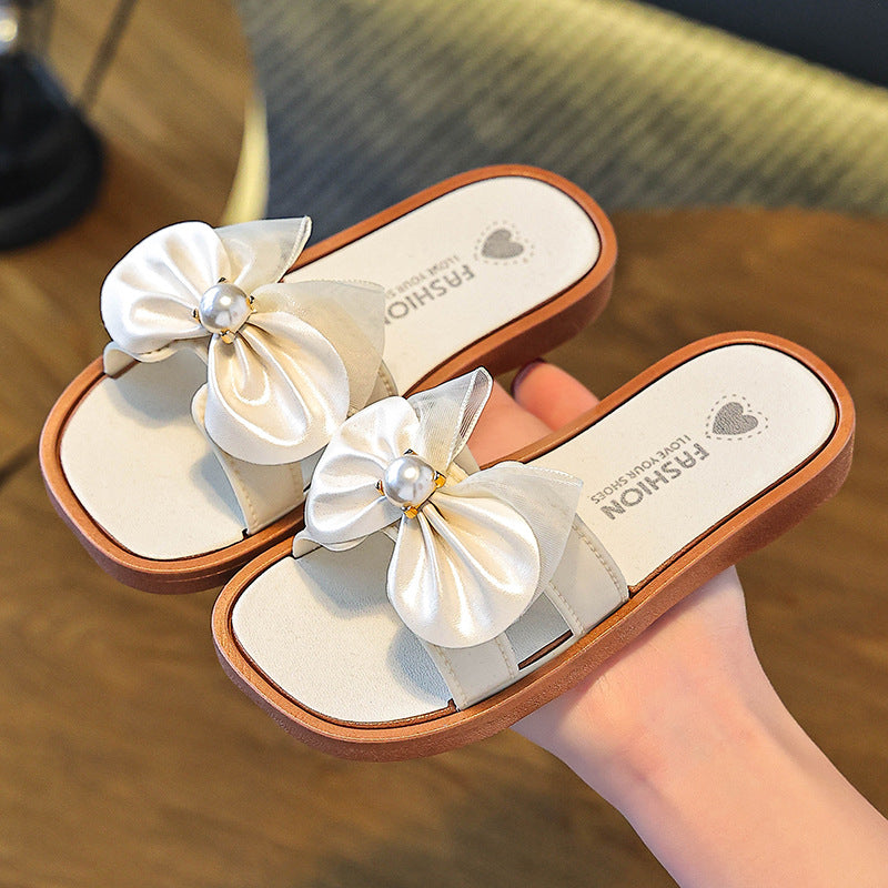 Girls' slippers, pearl bows, versatile, summer new non-slip indoor and outdoor princesses, children's soft-soled beach sandals
