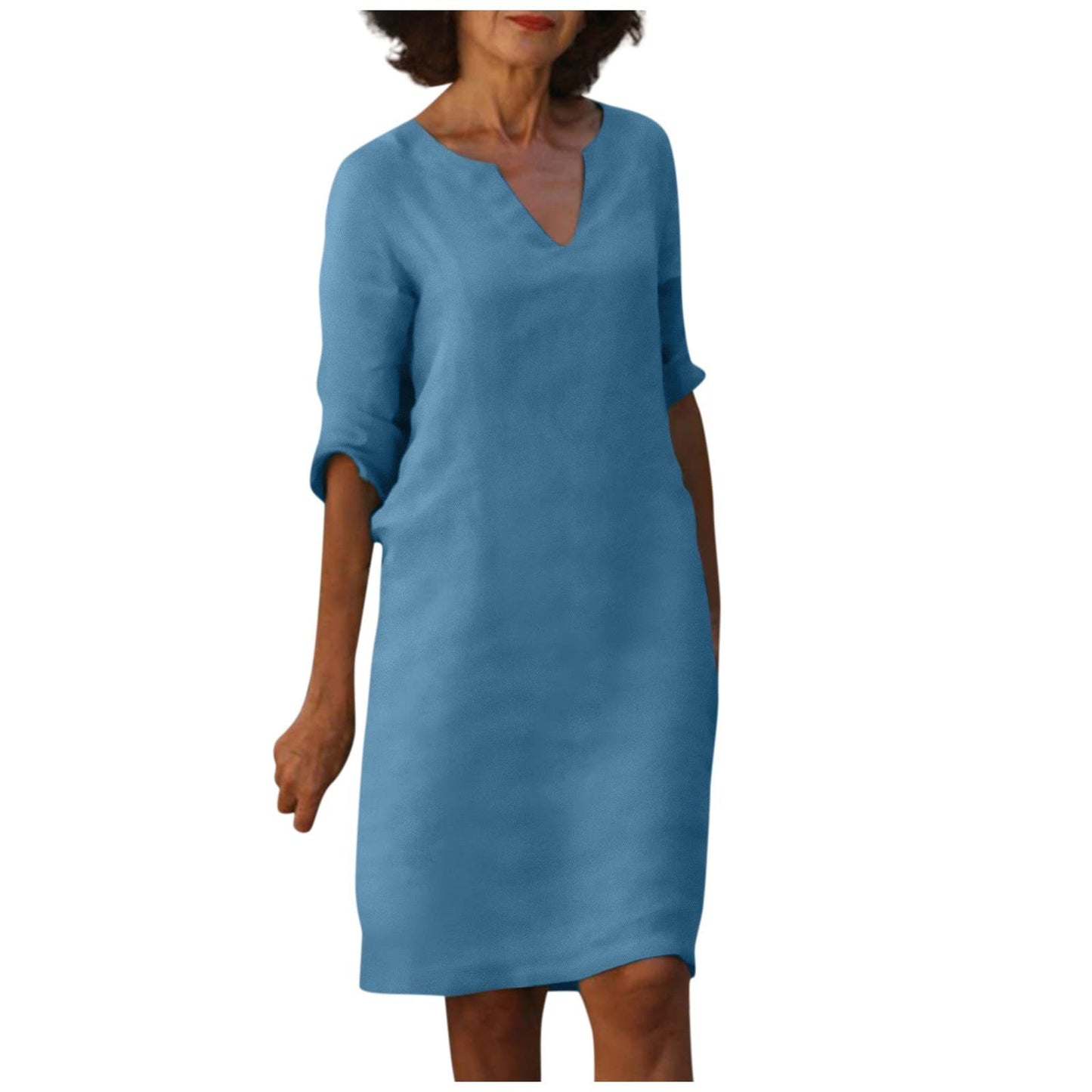 Amazon European and American cotton and linen V-neck stitching retro high-waisted solid color three-quarter sleeve dress cotton and linen wash crinkled fabric