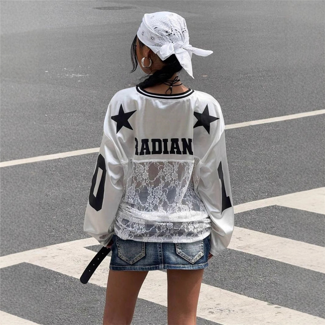 European and American summer new women's clothing, cross-border foreign trade, personality trendy style, printed lace, see-through V-neck sweatshirt