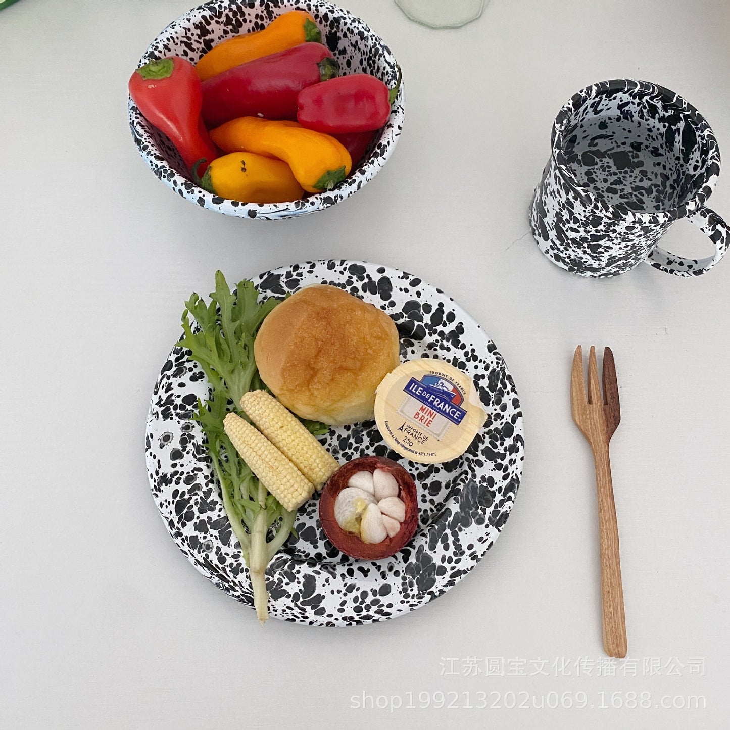 Korean ins same vintage ink splash enamel tableware set enamel bowl mug plate