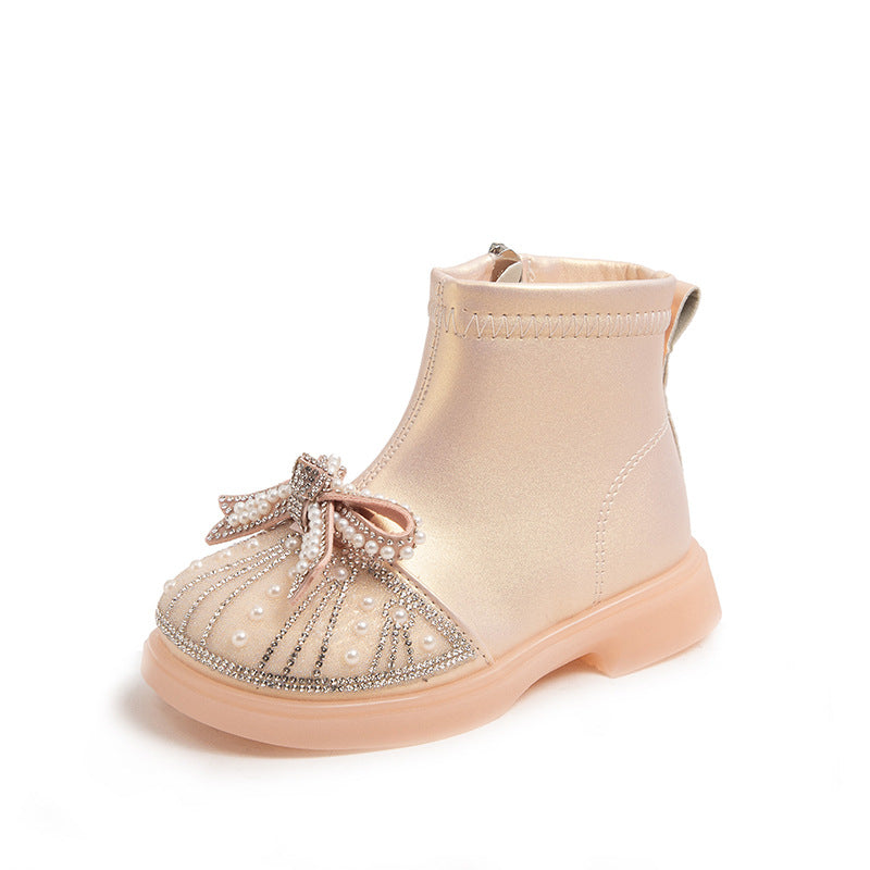 Girls' boots Fall/Winter 2025 new princess shoes Winter children's rhinestones baby girl boots soft-soled Martin boots