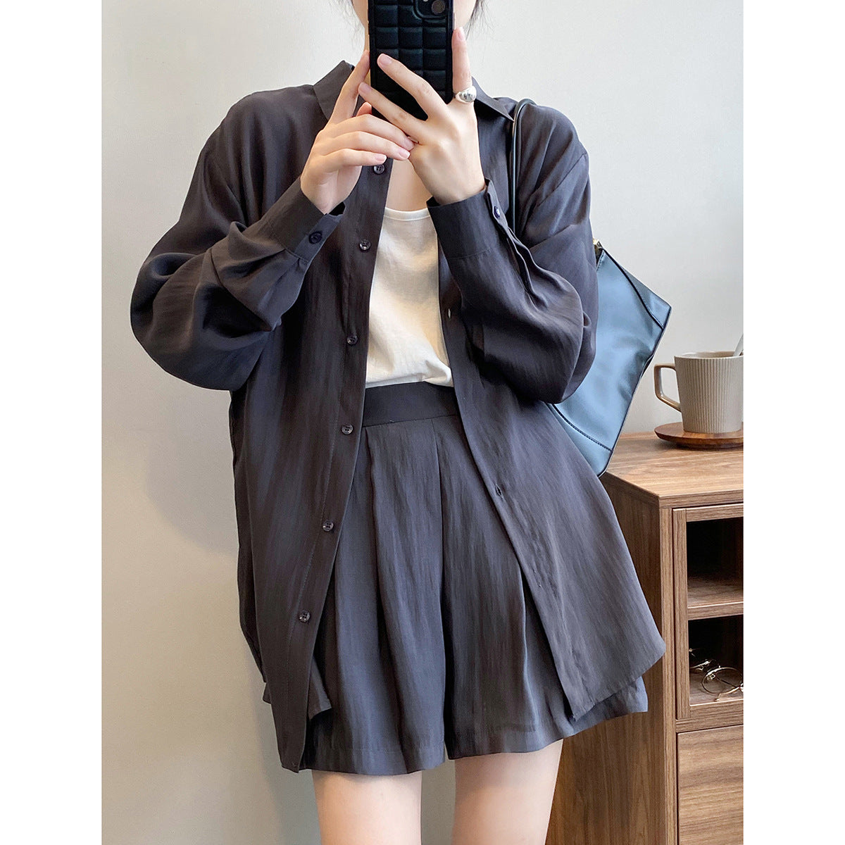 Words double drape breathable sunscreen shirt set women's summer loose thin shirt wide-leg shorts women's 80573